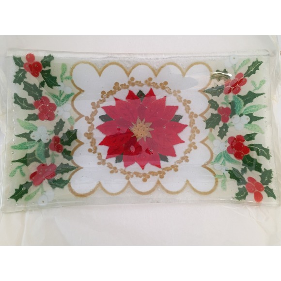 Peggy Karr Other - Peggy Karr Fused Glass Poinsettia Rectangular Tray Christmas Holly 9.5x5.5 NIB